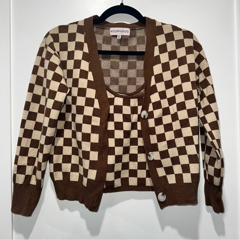 Brown Checkered Knit Cardigan and Tank Set